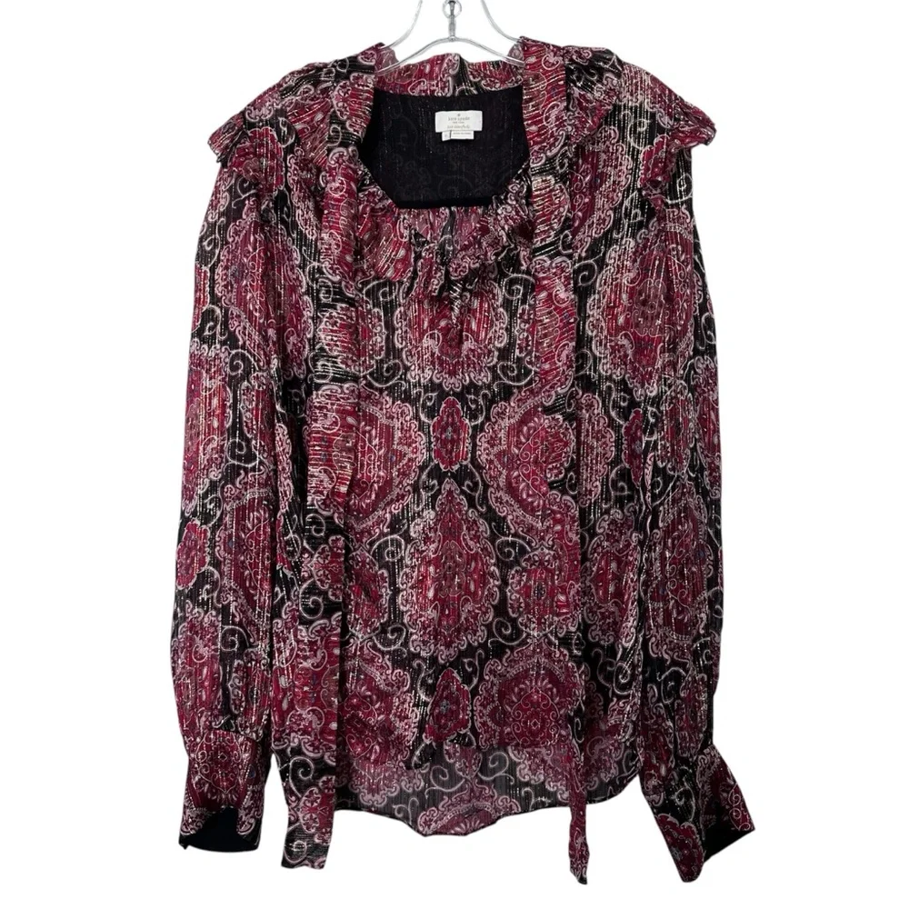 Kate Spade Medallion Metallic Silk Patterned Blouse Size Large